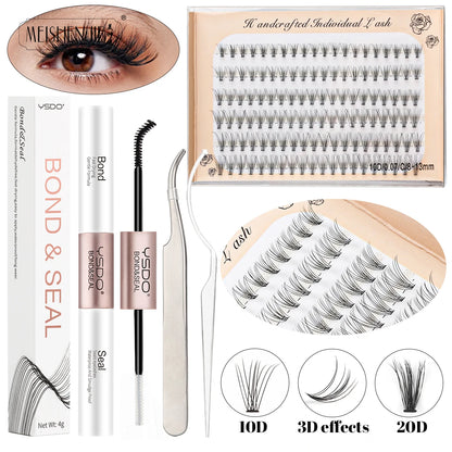 MEISHENJIE DIY Cluster Lash Extension Kit — 120 Bunches Individual Wispy False Eyelashes with Glue & Tweezer