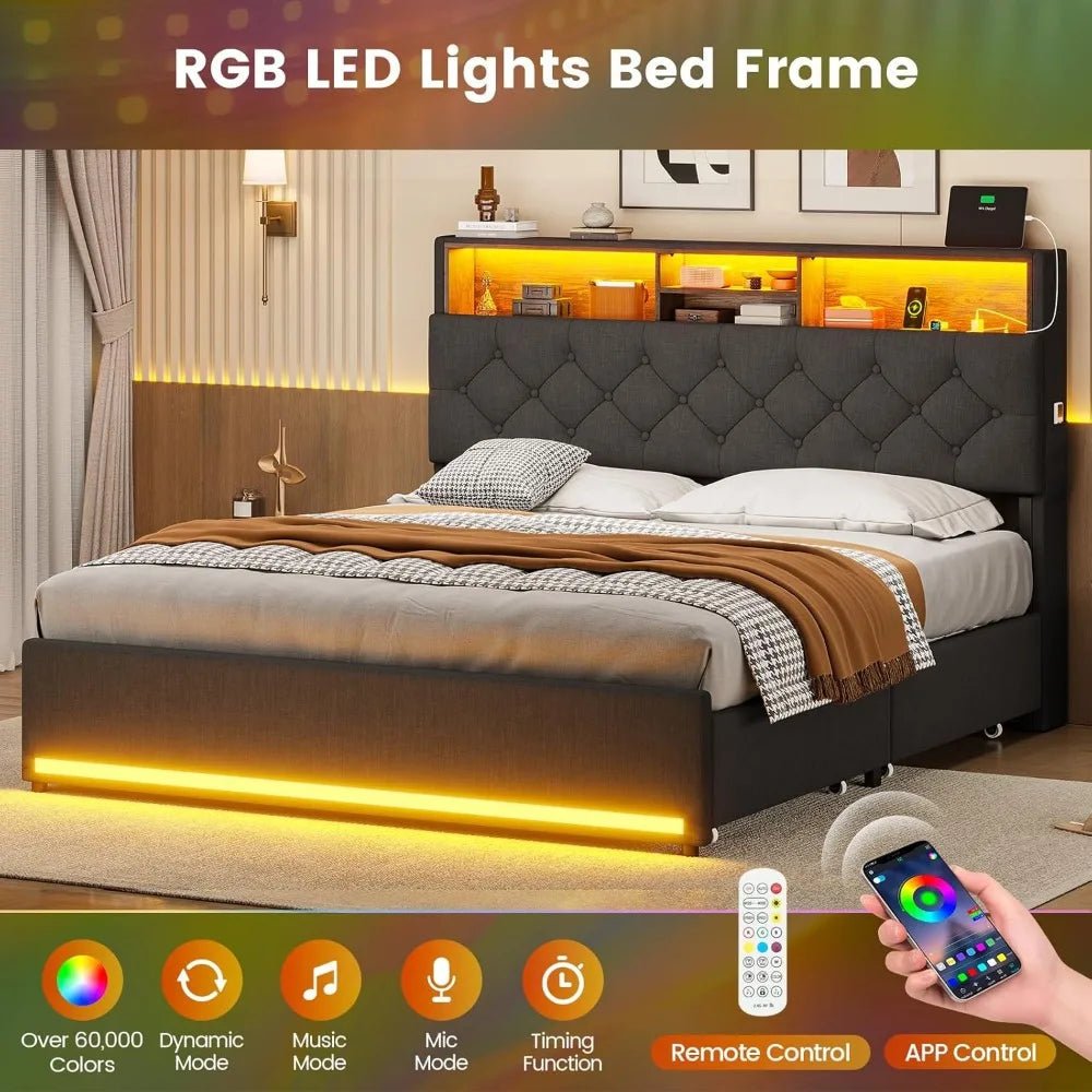 Queen Bed Frame with Headboard & 4 Drawers – LED Upholstered and Metal Bed with Charging Station, Twin & Queen Sizes