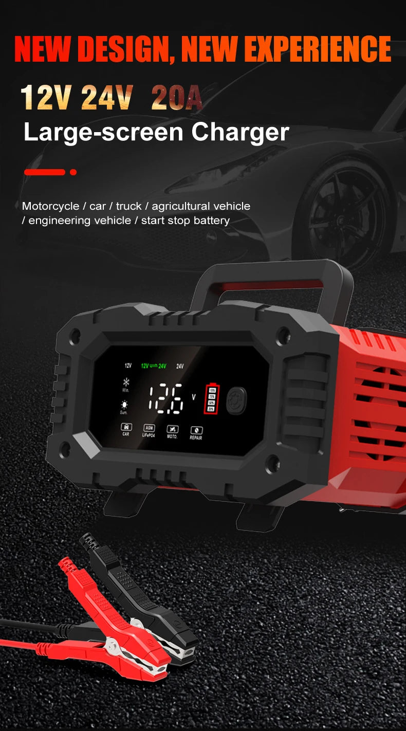 12V/24V Fully Automatic Smart Battery Charger — 7-Segment Pulse Repair for AGM, GEL, WET Lead-Acid Car Batteries