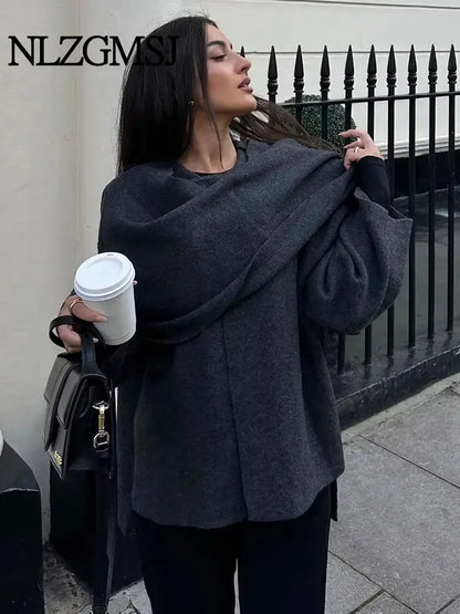 TRAF 2023 Winter Women's Scarf Coat – Long Sleeve, Knitted Asymmetric Jacket, Streetwear Casual Outerwear