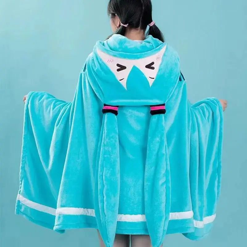 Kawaii Hatsune Itabag Multi-Functional Hooded Air Conditioning Blanket – Soft & Warm Miku Flannel Siesta Shawl Gift