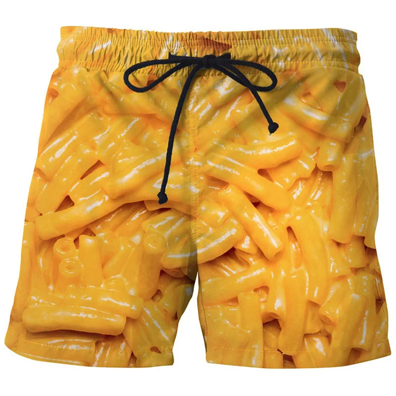 3D Sausage Print Beach Shorts - Funny Food Graphic Elastic Waist Swim Trunks for Men