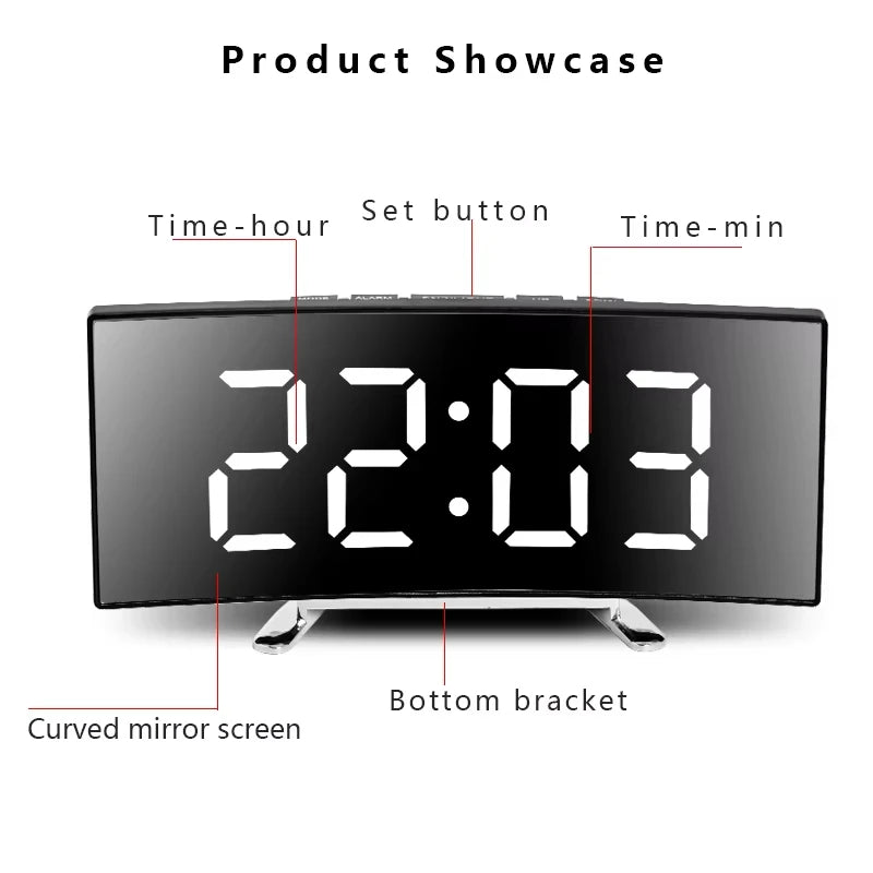 Noiseless LED Mirror Alarm Clock — Large Digital Display Silent Electronic Clock
