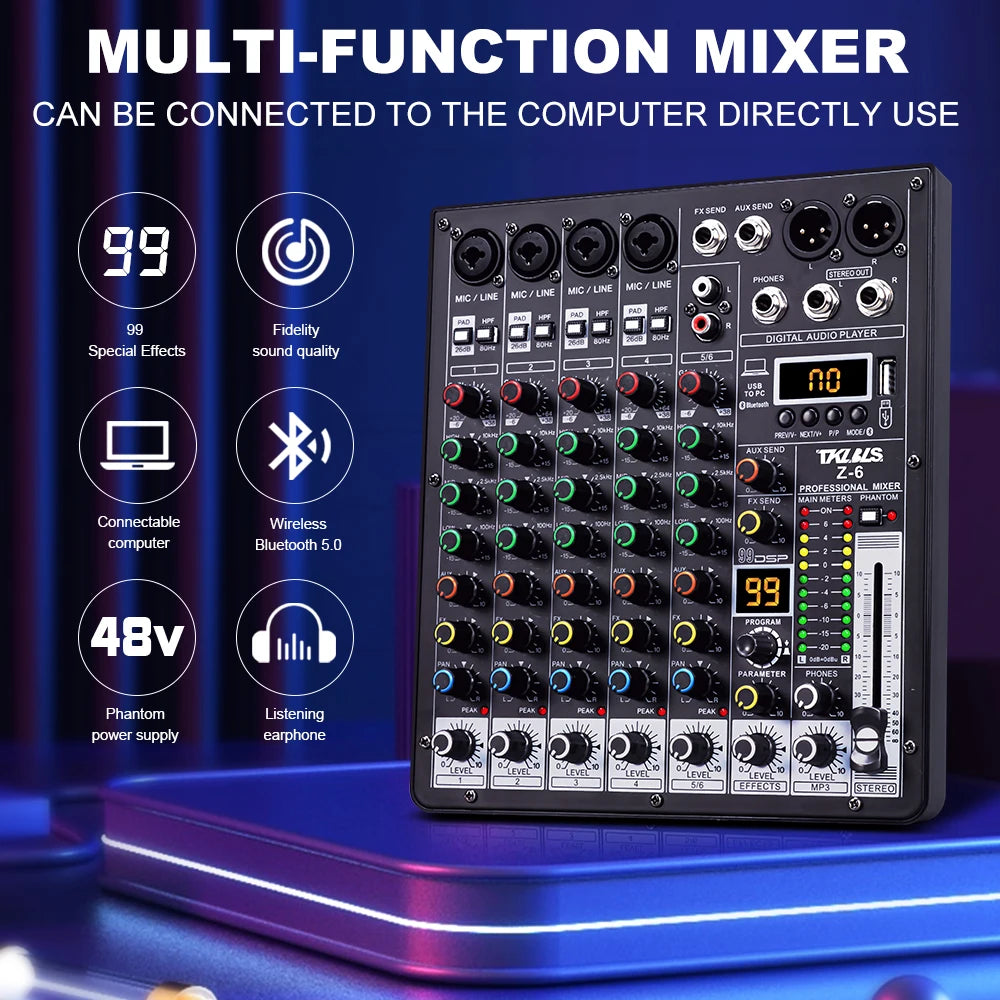 TKLBLS Professional 6 Channel Audio Mixer – 99 DSP Effects, 48V Phantom Power, USB, Bluetooth DJ Console for Studio & Karaoke
