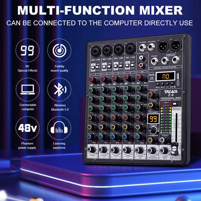 TKLBLS Professional 6 Channel Audio Mixer – 99 DSP Effects, 48V Phantom Power, USB, Bluetooth DJ Console for Studio & Karaoke