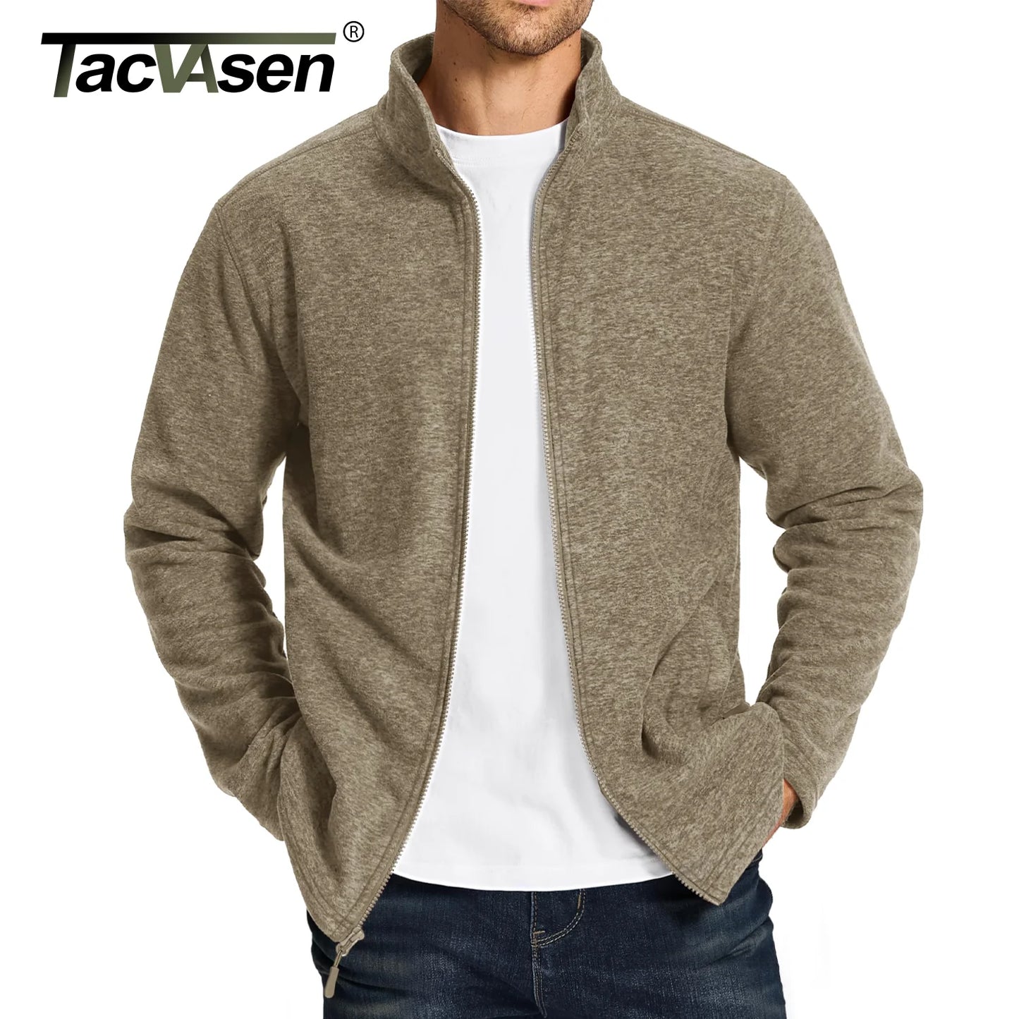 TACVASEN Men’s Lightweight Fleece Jacket - Full Zip Spring Casual Outdoor Sportswear with Pockets & Stand Collar
