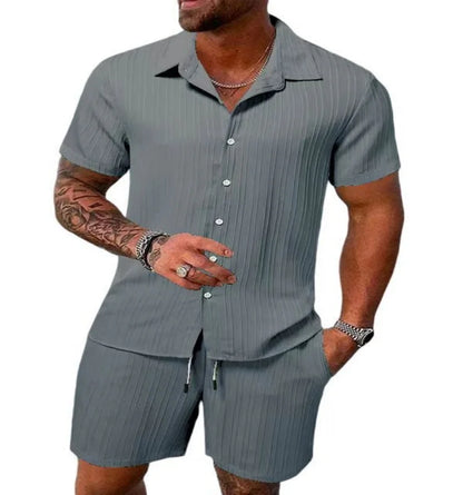 Men's Striped Jacquard Beach Shirt & Shorts Set — Spring Summer Casual Loose Fit, Europe & US Style