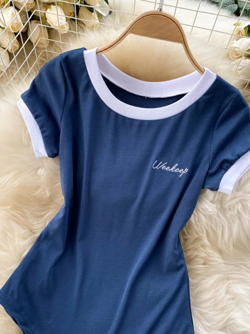 Foamlina Women’s Short Sleeve Knitted Bodysuit – Summer Slim Fit Color Block Embroidered O-Neck Top Jumpsuit