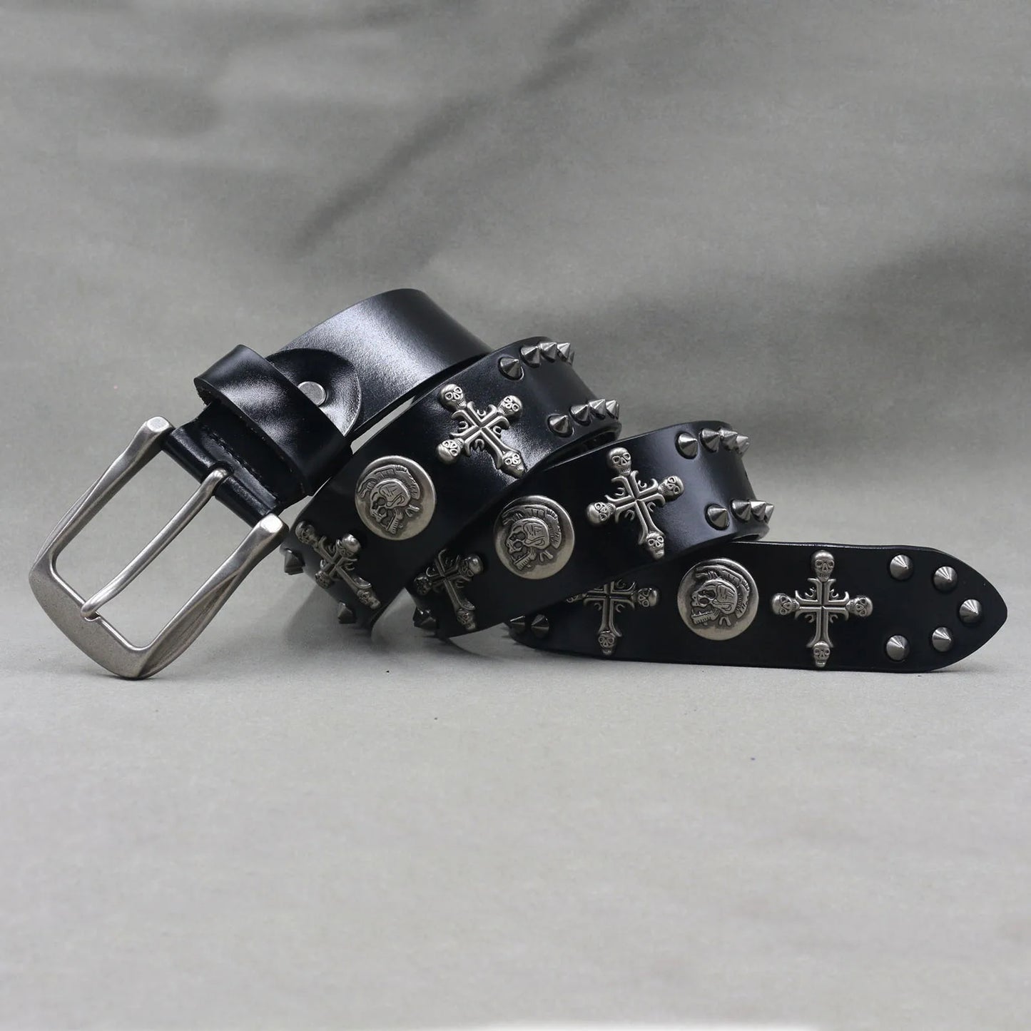 Men’s Designer Rivet Belt – Genuine Cowhide Leather Punk Rock Pin Belt for Jeans, Luxury Black Leather Belt