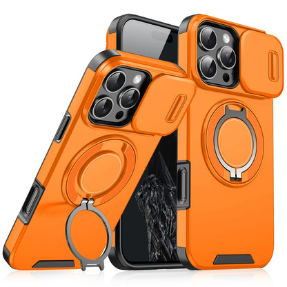 Heavy Duty Rugged Magnetic Ring Stand Case for iPhone 11–16 Pro Max Plus with Slide Camera Protection & MagSafe Compatible Cover