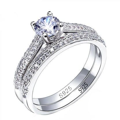 Vintage Halo Sterling Silver Ring Set - 925 Silver Wedding Anniversary Jewelry Gift for Women