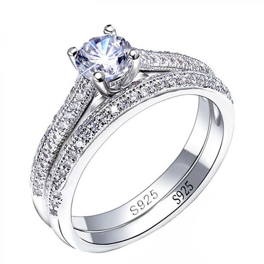 Vintage Halo Sterling Silver Ring Set - 925 Silver Wedding Anniversary Jewelry Gift for Women