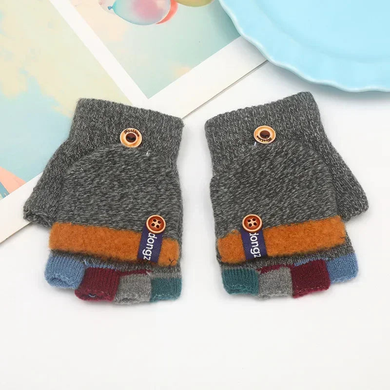 Kids’ Half-Finger Flip Gloves - Warm Jacquard Autumn Winter Gloves for Children and Students