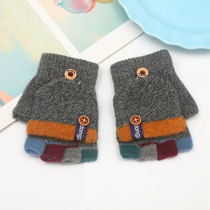 Kids’ Half-Finger Flip Gloves - Warm Jacquard Autumn Winter Gloves for Children and Students