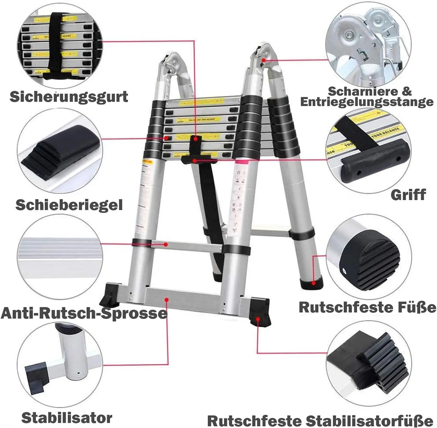 16.5FT (5M) Telescopic Aluminium Ladder – Extendable Folding Ladder with Non-Slip Steps, 150kg Load Capacity