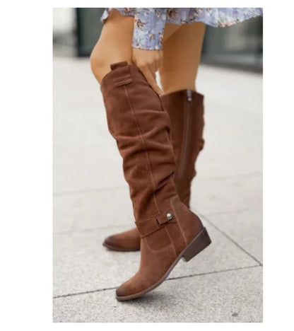 Women’s Thigh-High Suede Boots – Low Heel Side-Zip Knee-High Booties, Retro Autumn Winter Size 43