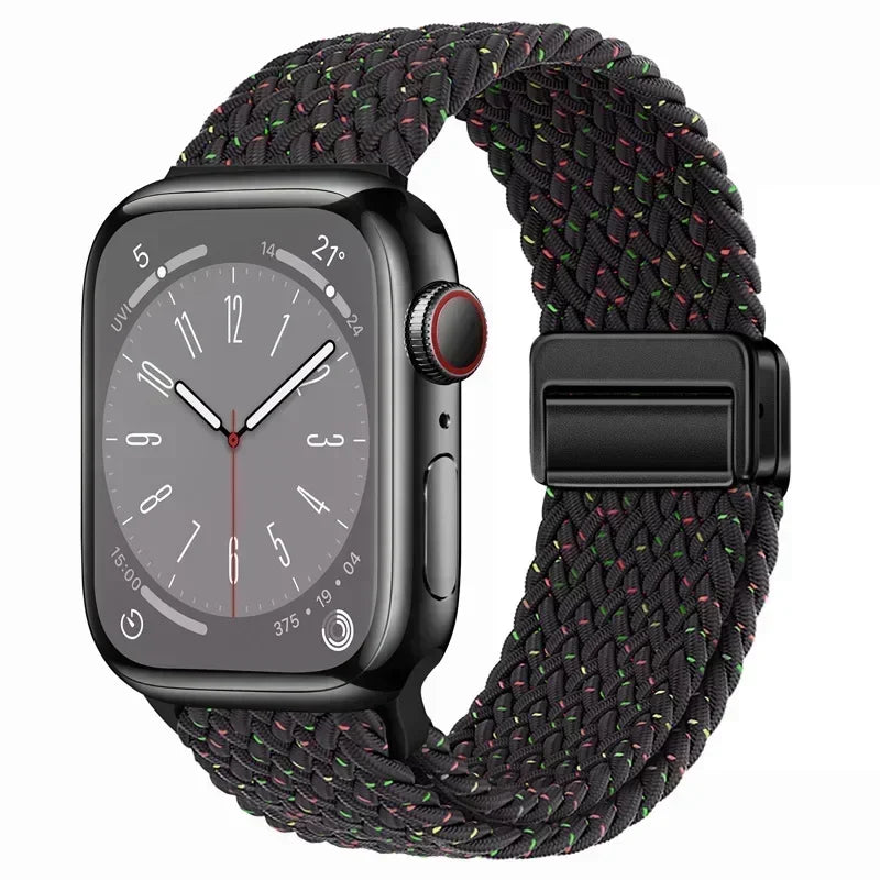 Nylon Braided Loop Apple Watch Band – Magnetic Metal Bracelet Strap for Ultra 2, Series 3–9 & SE (40mm–49mm) Adjustable Wristband