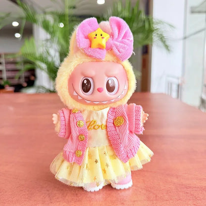 17cm Labubu Doll Clothes — Macaron Outfit Set with Hair Accessories | Cute DIY Gift for Kids