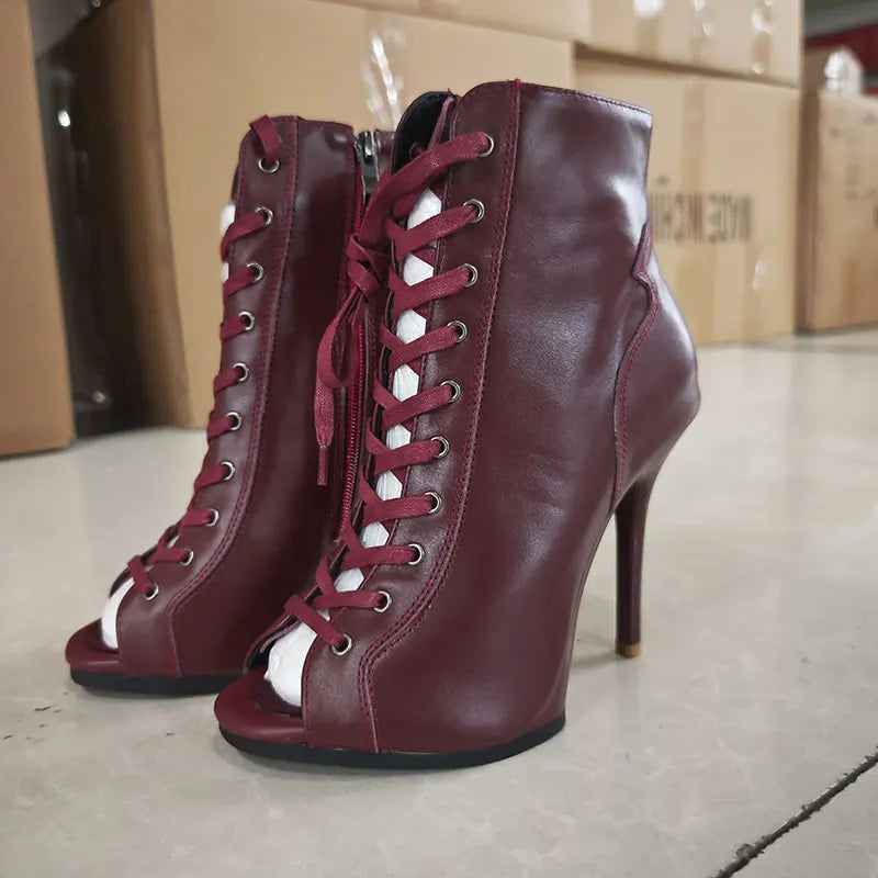 Women’s Genuine Leather Dance Boots - European Style Open Toe Thin High Heel Jazz Dance Shoes