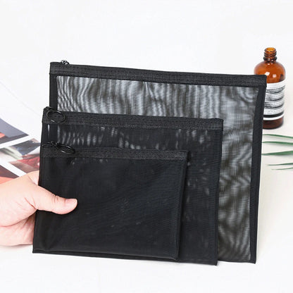 Transparent Mesh Zipper Cosmetic Bag – Fashionable Black Toiletry Organizer, Small & Large Makeup Pouch for Women