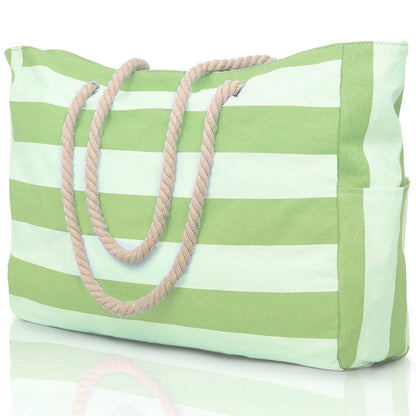Striped Waterproof Canvas Beach Bag – Zippered Foldable Tote for Outdoor Travel and Vacation, Sand-Resistant Design