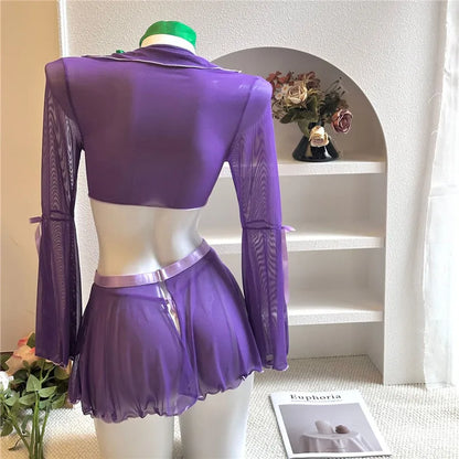 Women's Halloween Daphne 4-Piece Costume Set - Sheer Mesh Tie-Front Crop Top Flare Sleeve Skirt Scarf & Briefs