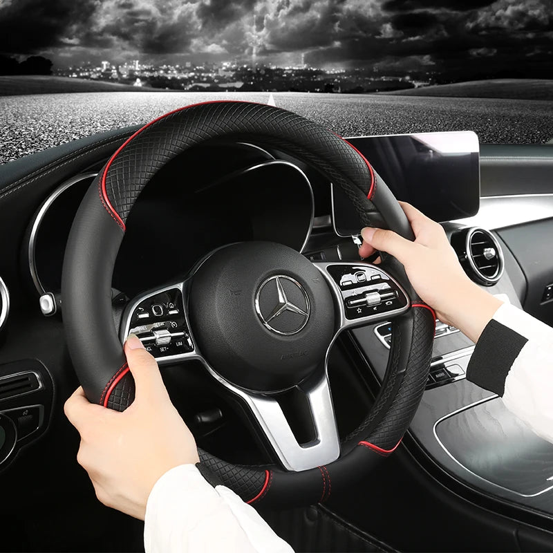 All Seasons Leather Diamond Steering Wheel Cover - Universal Fit for 14.5-15 Inch, Durable, Anti-Slip Design