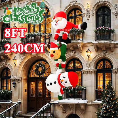 2.4M Inflatable Christmas Climbing Santa Claus – With Reindeer & Snowman, Built-in LED for Outdoor Roof, Tree, and Yard Party Decor