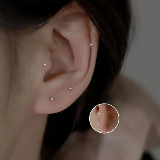 2PCS Silver Needle Ball Stud Earrings for Women – Tiny Round Ear Piercing Jewelry