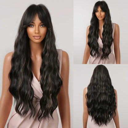 Brown Long Wavy Wig for Women with Bangs — Natural-Look Synthetic Hair, Heat-Resistant for Daily & Cosplay