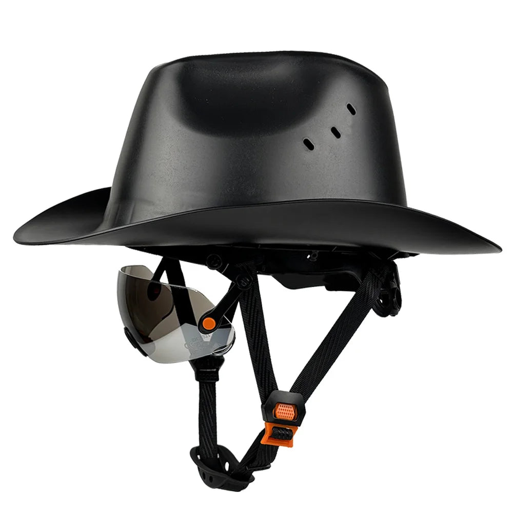 Cowboy Safety Helmet with Sunglasses - Wide-Brim HDPE Hard Hat for Construction Work