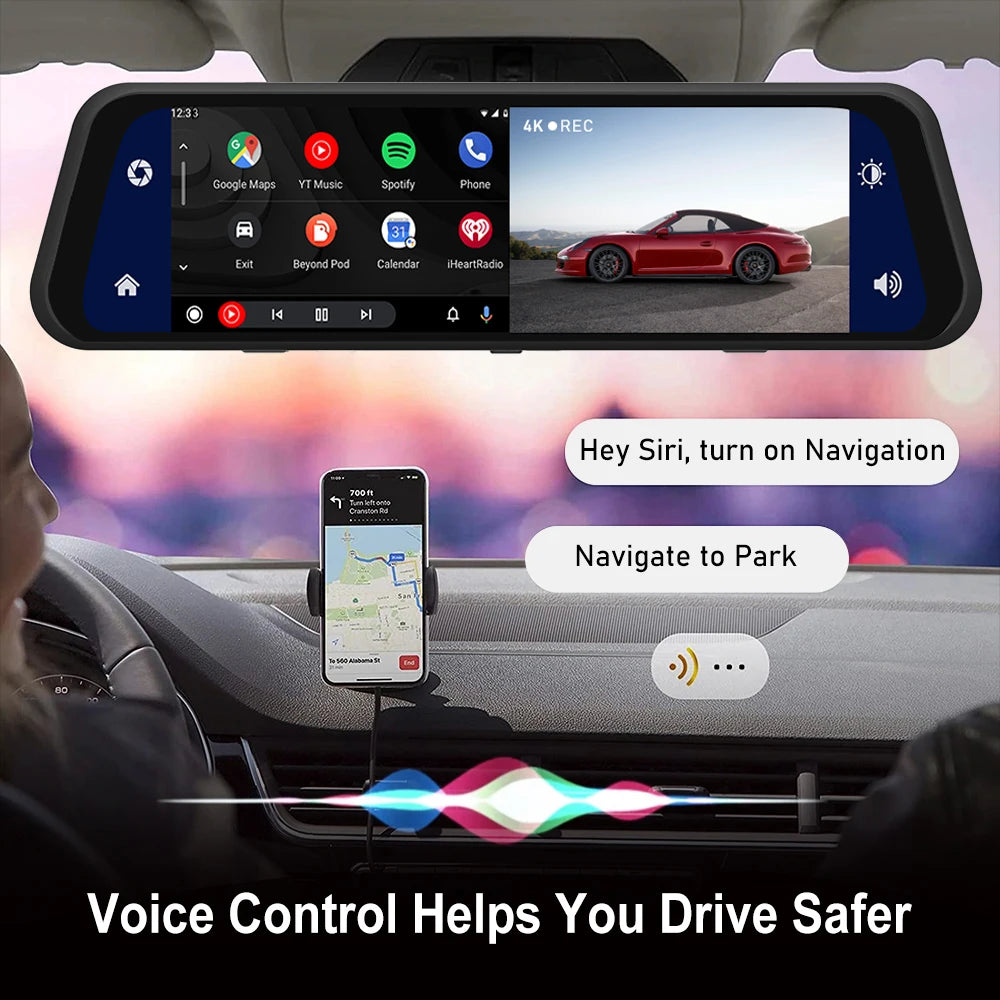 4K 2160P Dash Cam – Car DVR with CarPlay, Android Auto, Rearview Mirror Streaming, GPS, 5G WiFi, FM Radio, AUX