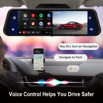 4K 2160P Dash Cam – Car DVR with CarPlay, Android Auto, Rearview Mirror Streaming, GPS, 5G WiFi, FM Radio, AUX