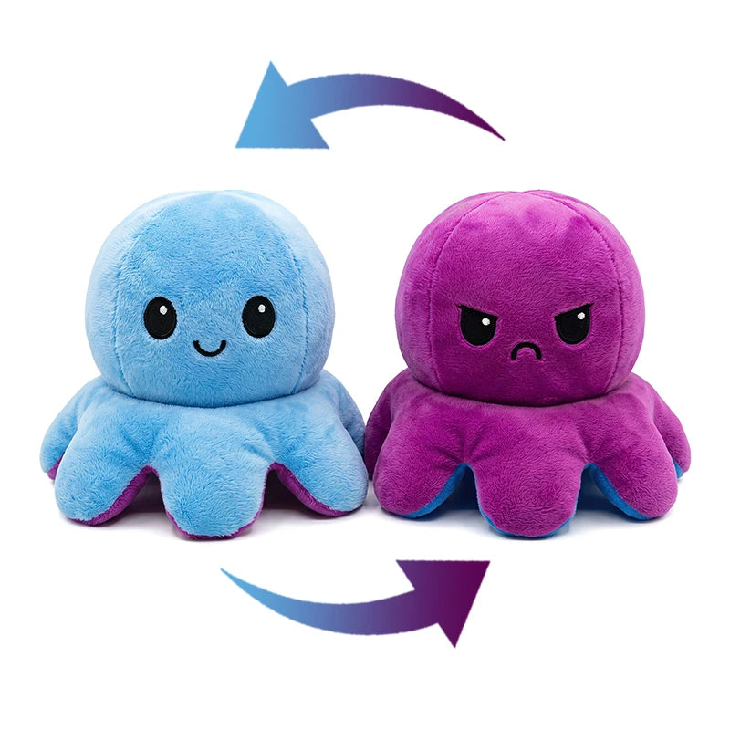 Double-Sided Octopus Plush Toy - Reversible Purple & Blue Flip Stuffed Animal with Embroidered Details