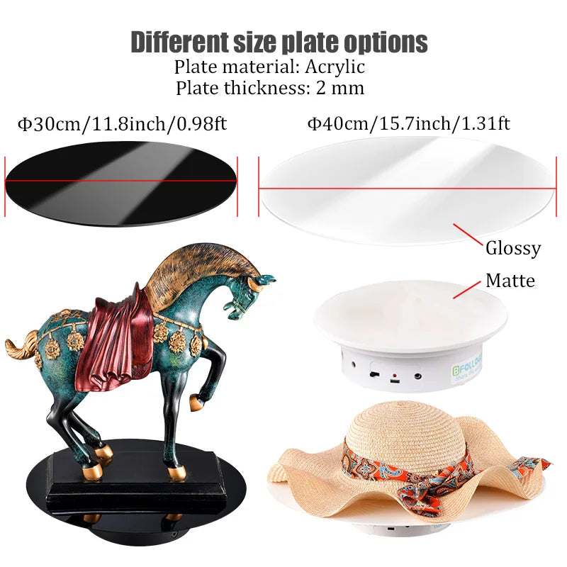 BFOLLOW 20/30/40cm Remote Control Electric Turntable – 360° Rotating Rechargeable Mirror Display Stand for Photography & Video
