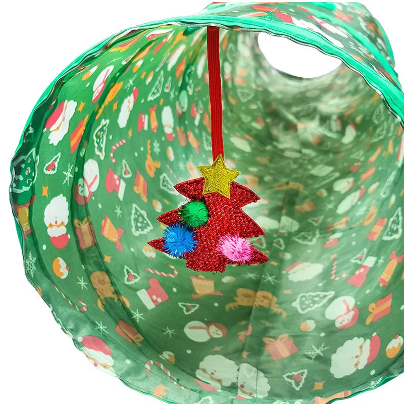 Christmas Cat Tunnel for Indoor Cats – Foldable Green Interactive Pet Play Tunnel for Kittens, Breathable Cat Exercise Toy