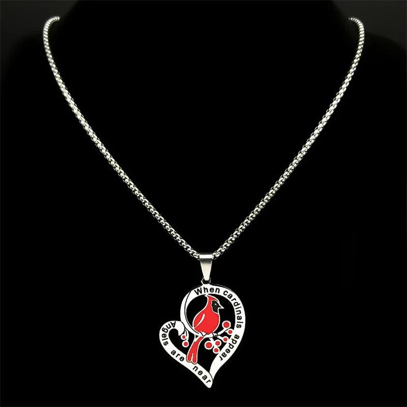 Heart Love Cardinals Pendant Necklace - Stainless Steel Silver Tone Family Amulet Chain Jewelry Gift for Women & Men