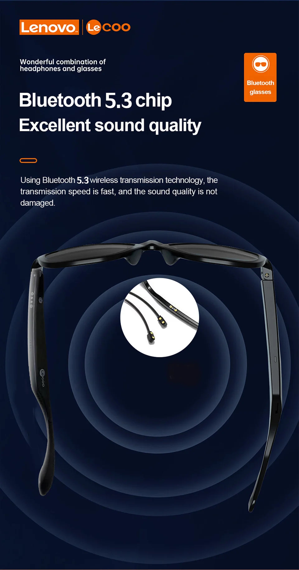 Lenovo Lecoo C8 Lite Bluetooth 5.3 Sunglasses – Wireless HiFi Earphones, HD Calls, Anti-Blue Light for Outdoor & Driving