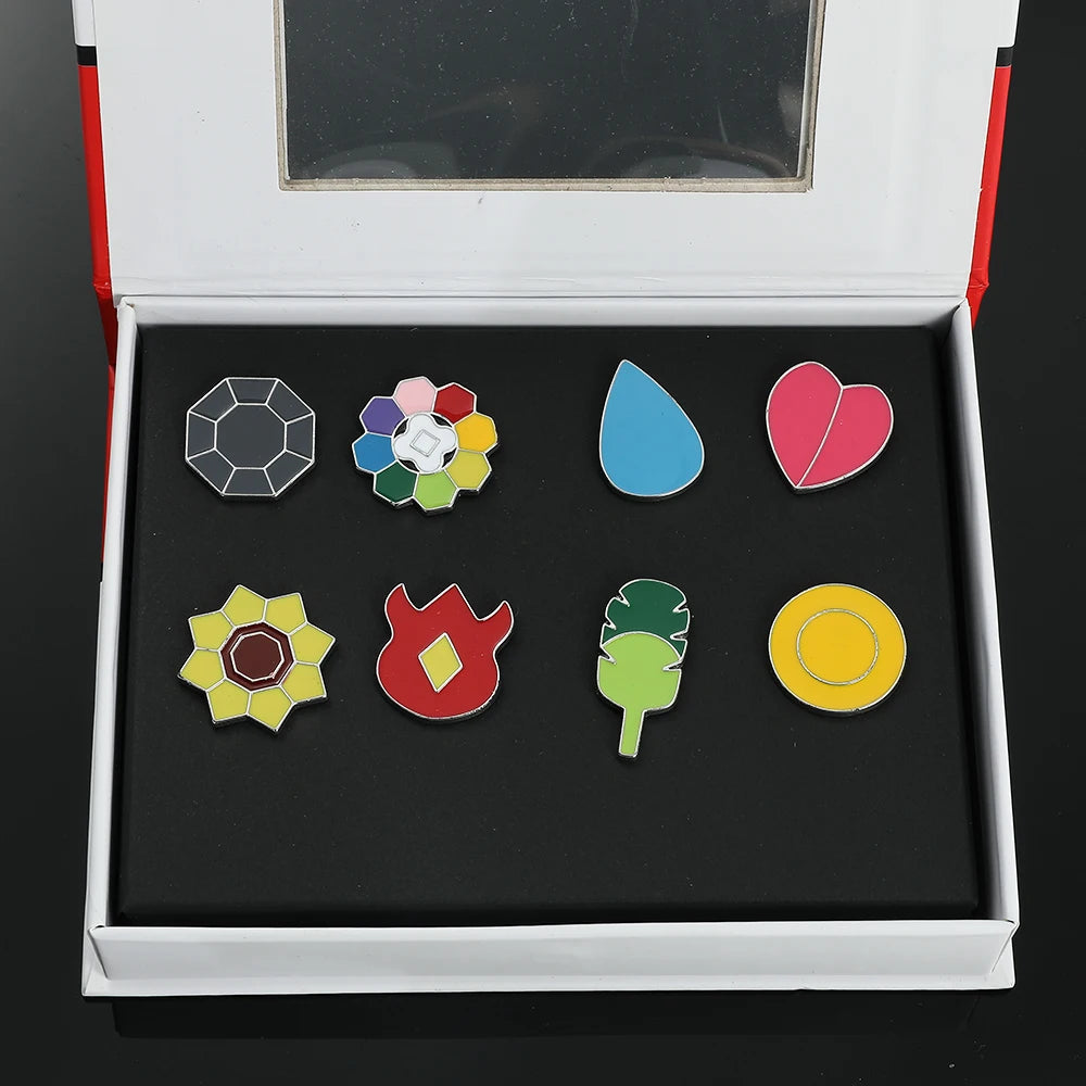 Pokemon Gym Badges Pin Set — Kanto, Johto, Hoenn, Sinnoh, Unova, Kalos & Orange Islands League Brooches with Box, Pocket Monster Collection