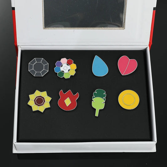 Pokemon Gym Badges Pin Set — Kanto, Johto, Hoenn, Sinnoh, Unova, Kalos & Orange Islands League Brooches with Box, Pocket Monster Collection