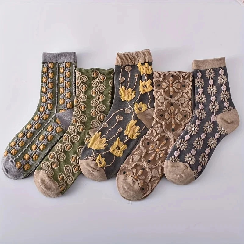 5 Pairs Happy Face Crew Socks – Cartoon Cat Cotton Mid Tube Socks, Breathable Women's Stockings & Hosiery