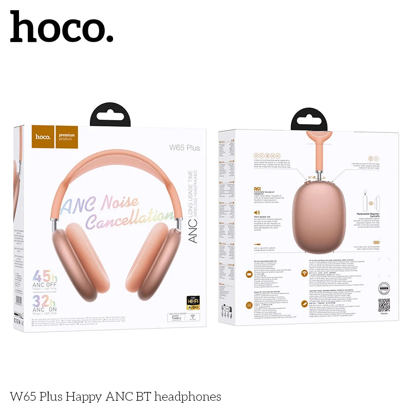 HOCO W65 Plus ANC Bluetooth Headphones – Over-Ear Wireless HiFi Sport Headset with Noise Reduction & Control Button