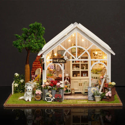 DIY Wooden Sunshine Greenhouse Cottage – Miniature Dollhouse Kit with Furniture for Friends' Gifts