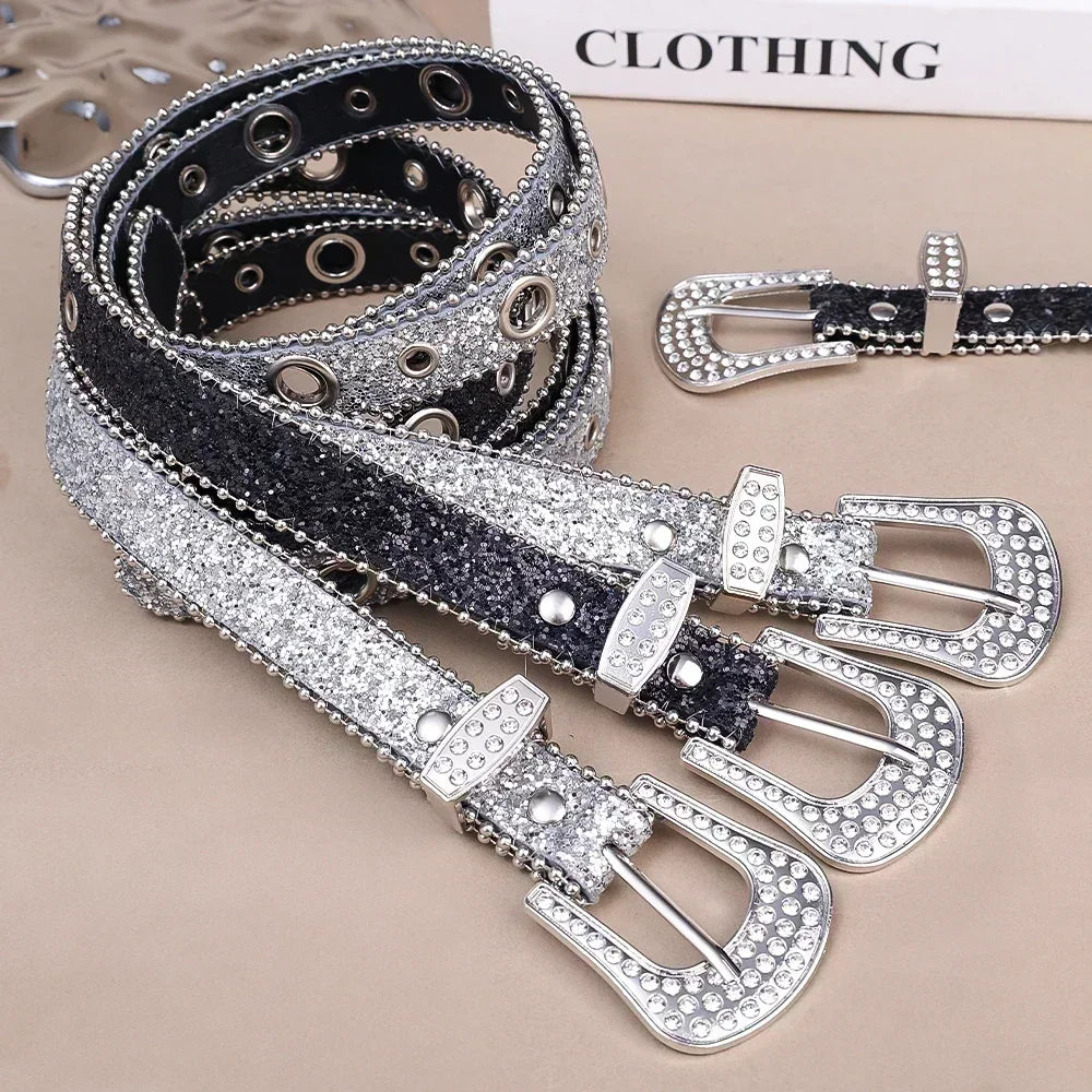 Y2K Women’s PU Leather Rhinestone Belt – Adjustable Glitter Crystal Waistband for Club & Party