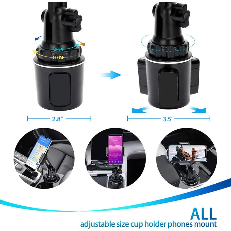 Universal Adjustable Car Cup Phone Mount | Cellphone Holder Stand for iPhone 14, 13, 12 Pro Max, Huawei, Samsung