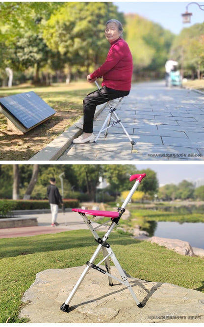Multi-Functional Non-Slip Walking Stick with Seat – One-Key Foldable Crutch Chair, Triangular Bracing Elderly Hiking Pole Walker