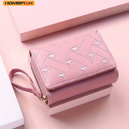 Women’s Mini Wallet - Embroidered Love Pattern Zipper Card Holder with Large Capacity