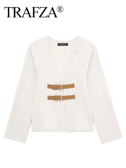 TRAFZA Women’s Retro Leather Buckle Woolen Coat – Fashion Solid V-Neck Beige Jacket, Autumn Spring Streetwear