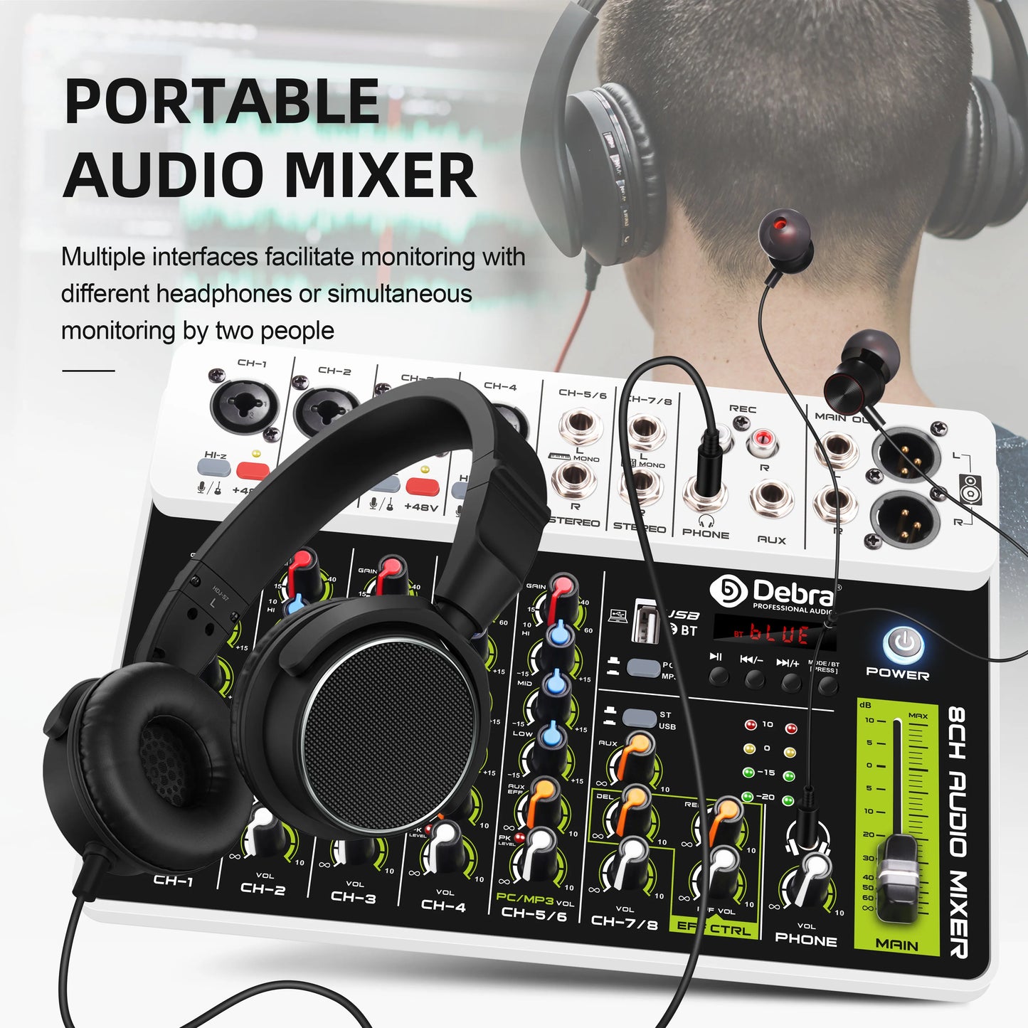 Debra V8 8-Channel Audio Mixer – Bluetooth & USB Mixer with 48V Phantom Power, Delay/Repeat Effects for PC Recording & Sound Console