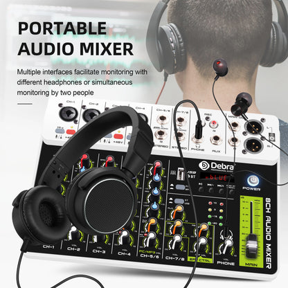 Debra V8 8-Channel Audio Mixer – Bluetooth & USB Mixer with 48V Phantom Power, Delay/Repeat Effects for PC Recording & Sound Console